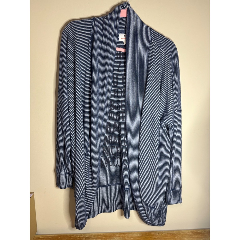 Sundry Navy White‎ Striped Open Front Cardigan Travel Destination Print Size 4